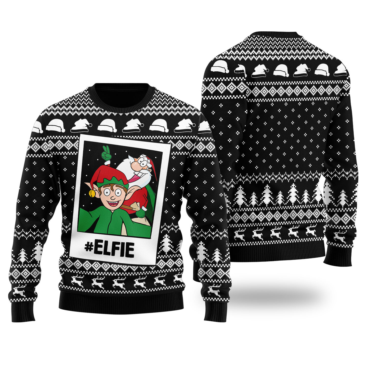 Funny Elfie Santa And Elf Ugly Christmas Sweater Black Personalized Christmas Sweatshirt Gift for Family