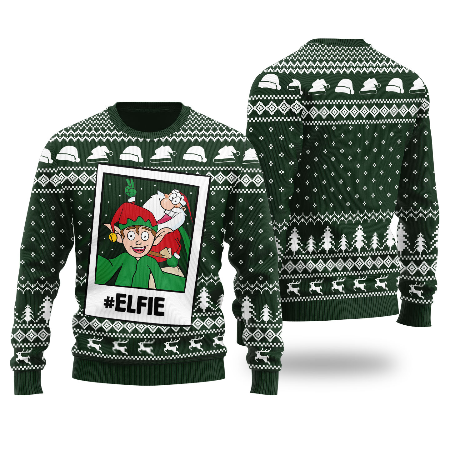 Funny Elfie Santa And Elf Ugly Christmas Sweater Forest Green Trendy Christmas Sweater for Winter Outfits