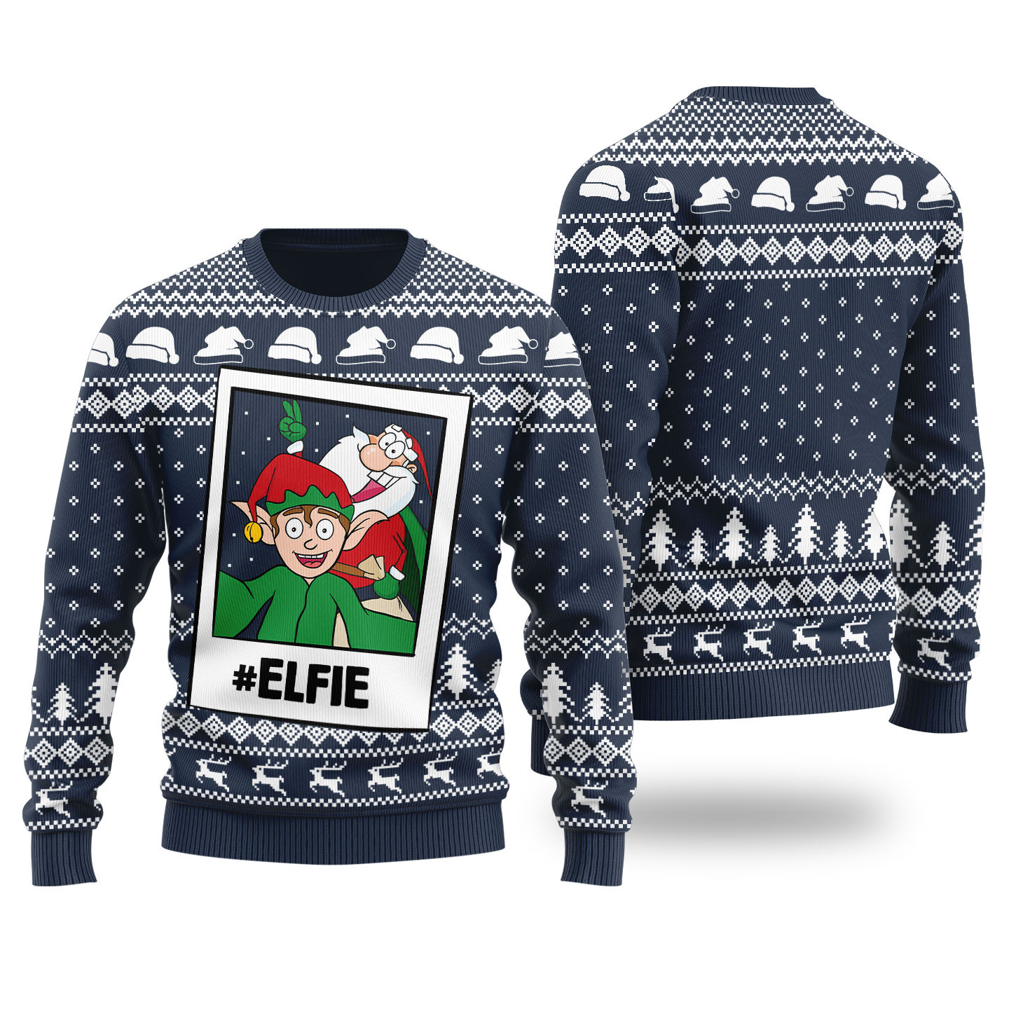 Funny Elfie Santa And Elf Ugly Christmas Sweater Navy Casual Winter Sweatshirt for Daily Comfort