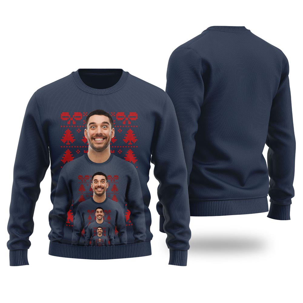 Funny Endless Face Custom Ugly Christmas Sweater Navy Ugly Xmas Sweaters For Couples