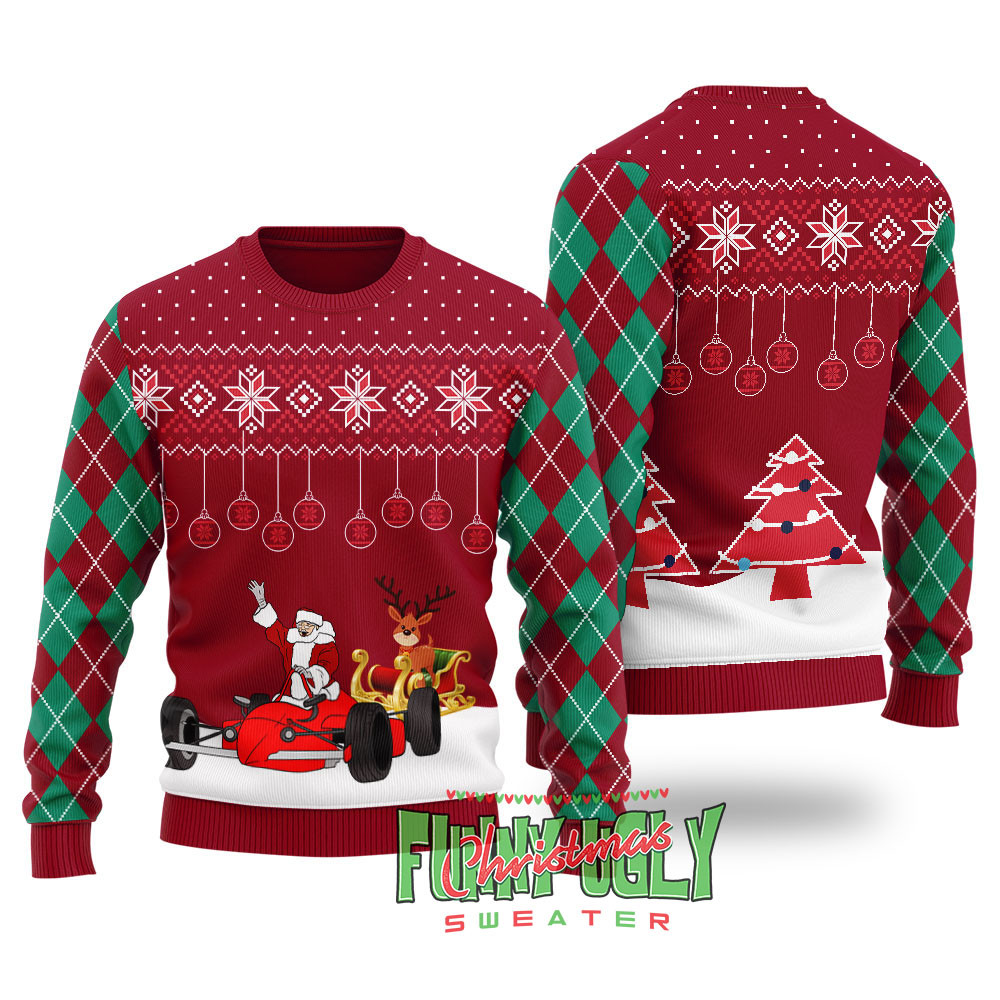 Funny F1 Santa Sleigh Christmas Sweater Cardinal Red Comfortable Holiday Sweater for Chilly Nights