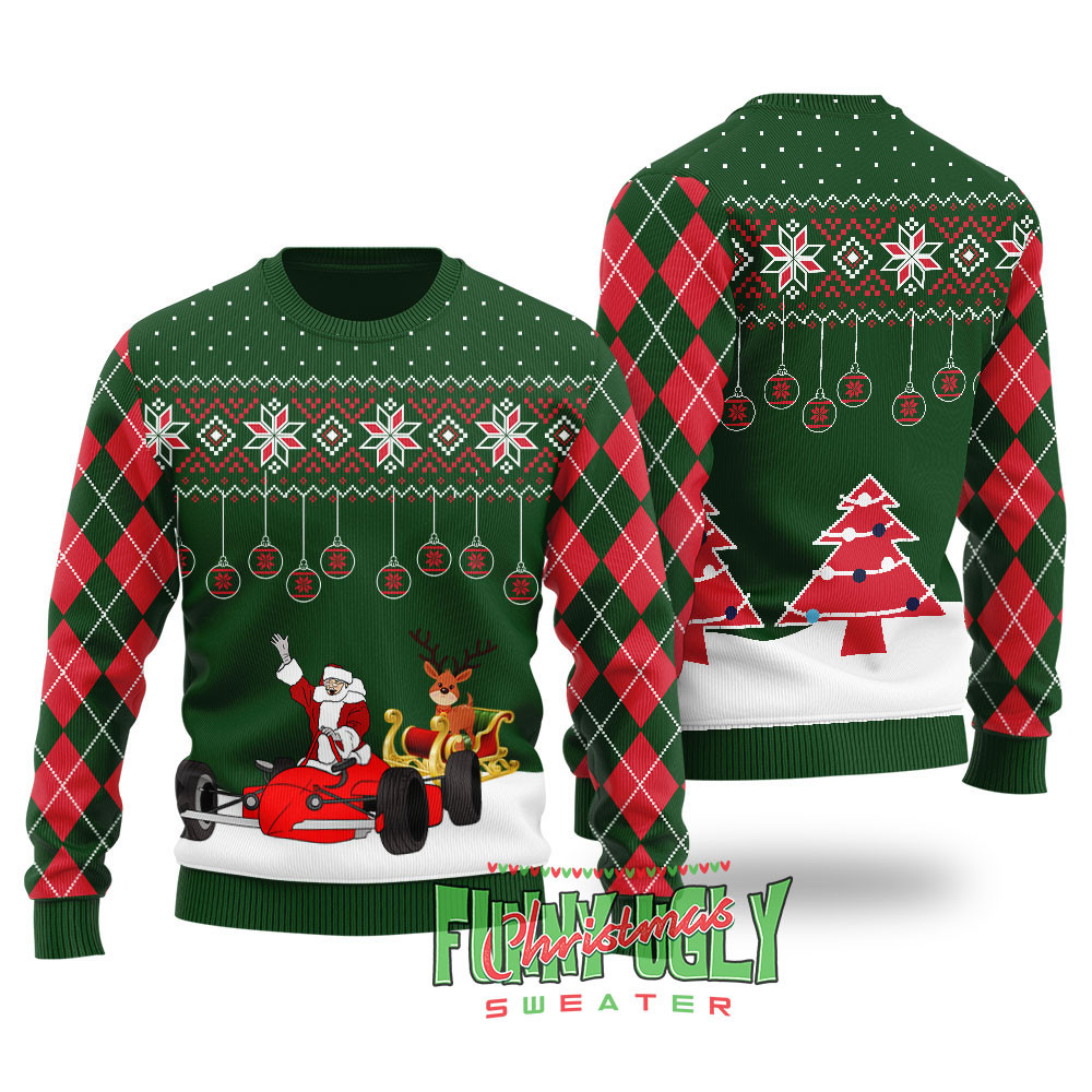 Funny F1 Santa Sleigh Christmas Sweater Forest Green Best Christmas Merch Gift for Family and Friends