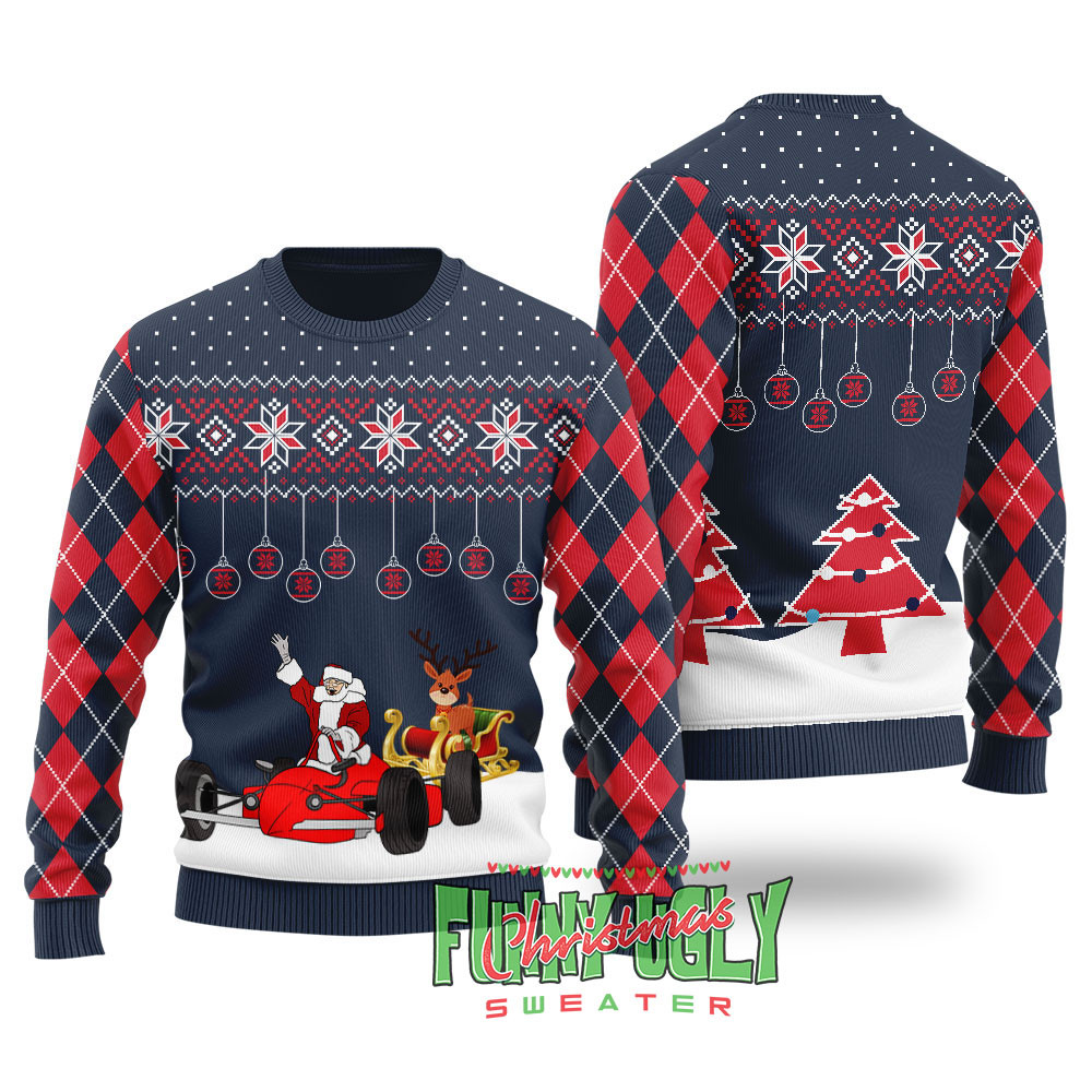 Funny F1 Santa Sleigh Christmas Sweater Navy Lovely Merch Gift for Cozy Winter Nights