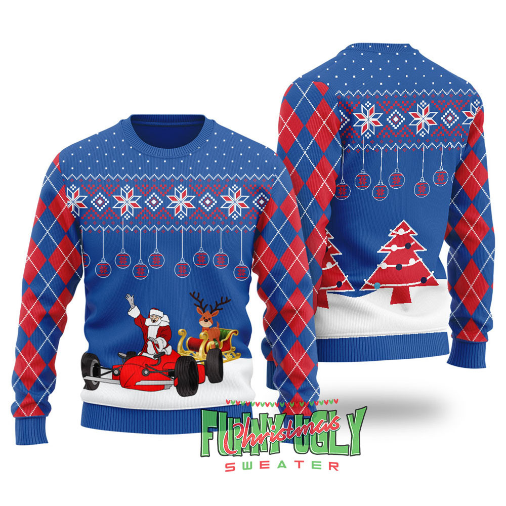 Funny F1 Santa Sleigh Christmas Sweater Royal Stylish Winter Sweatshirt for Everyday Wear