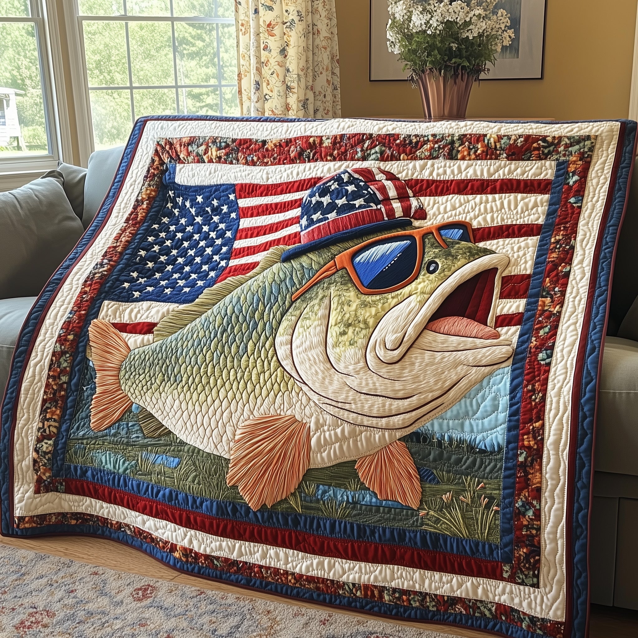 Funny Fisherman Bass Quilted Blanket American Flag Theme Perfect Gifts For Fisherman