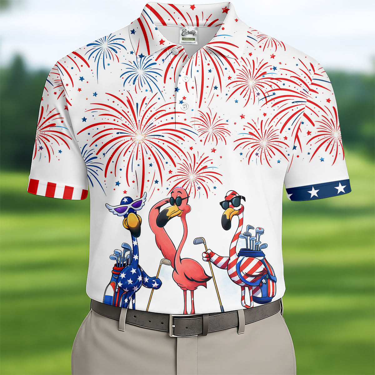 Funny Flamingo American Flag Golf Polo Shirt Golf Polos For Men Golf Presents For Dad