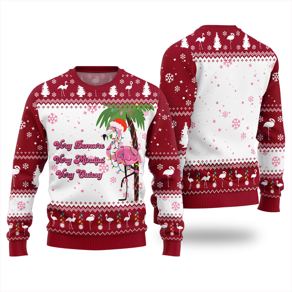 Funny Flamingo Demure Mindful Cutesy Ugly Xmas Sweater Red Unique Holiday Sweater Gift Idea for Loved Ones