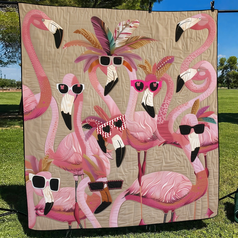 Funny Flamingo Sunglasses Quilted Blanket Tropical Beach Art Cozy Throw Best Gift For Flamingo Lovers