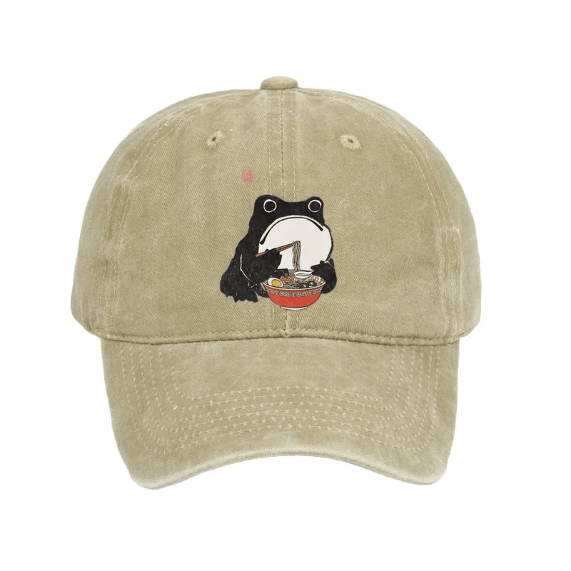 Funny Frog Eating Ramen Washed Hat Meme Baseball Cap Humorous Gift Ideas