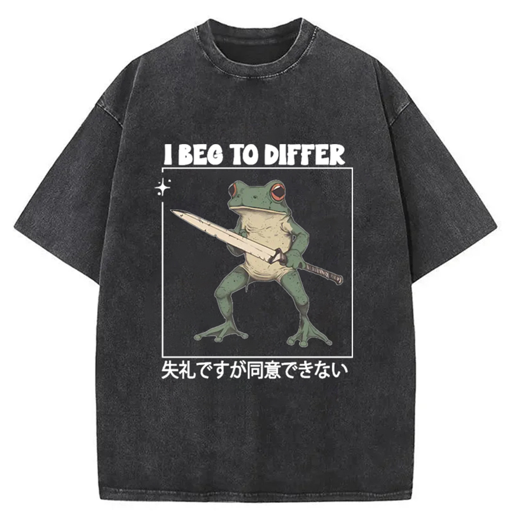 Funny Frog Graphic I Beg To Differ Frog Japanese Washed T-Shirt Funny Aesthetic Trendy Apparel Gifts For Besties
