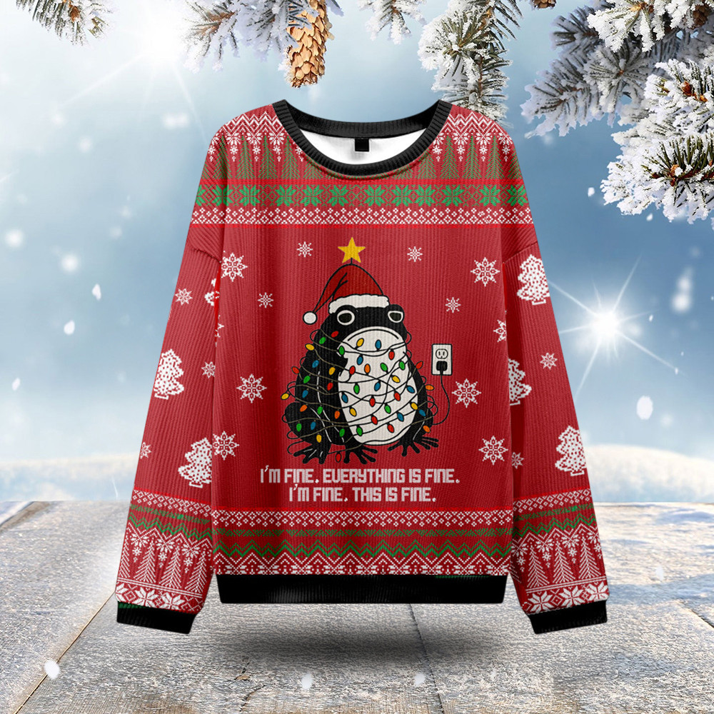 Funny Frog Lights Everything Is Fine Ugly Christmas Sweater Animal Design Christmas Gifts For Her