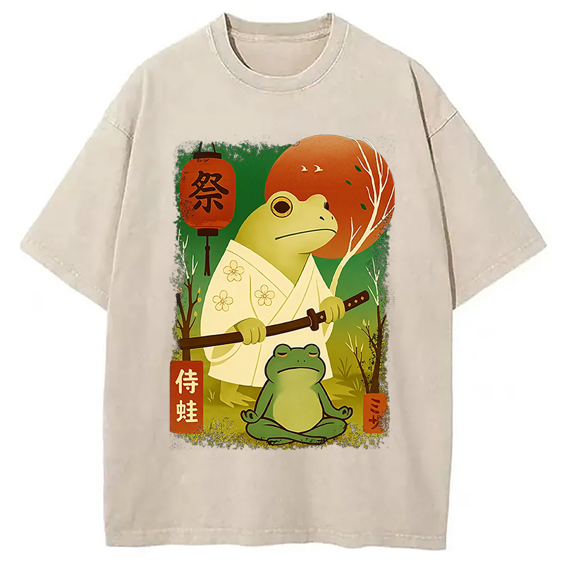 Funny Frog Samurai Poster Washed T-Shirt Retro Humor Outfit Idea Gifts For Sister