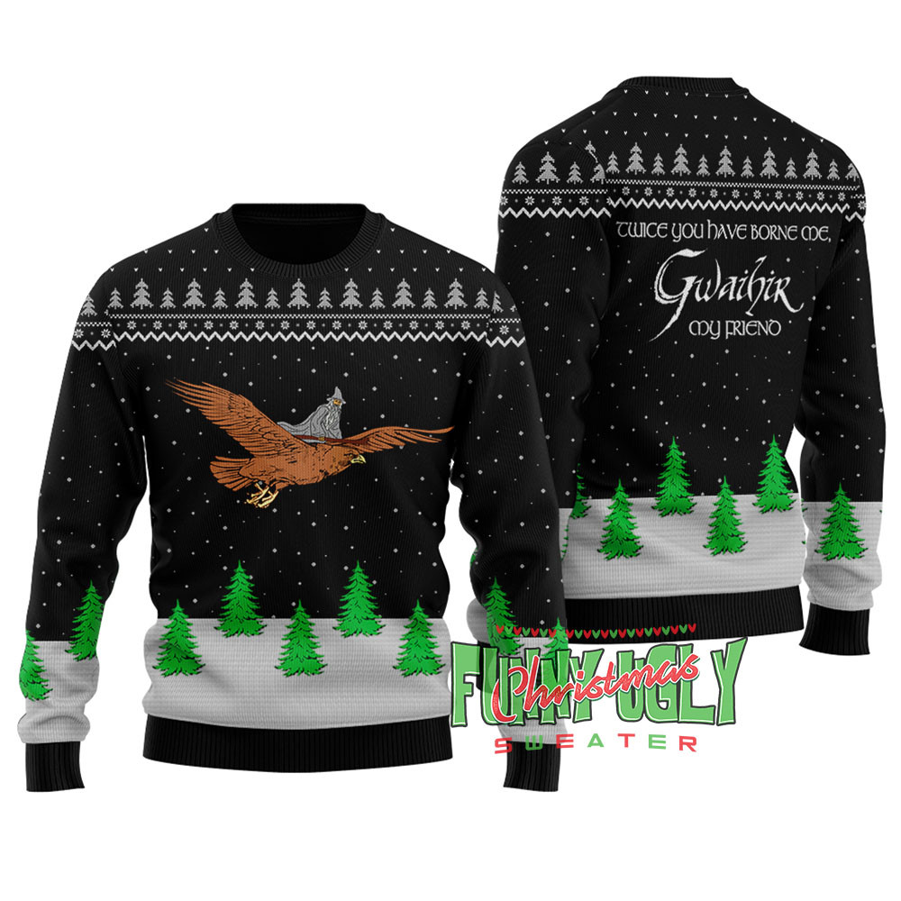 Funny Gandalf On Eagle Lotr Ugly Christmas Sweater Black Trending Christmas Merch Gift 2025 Collection
