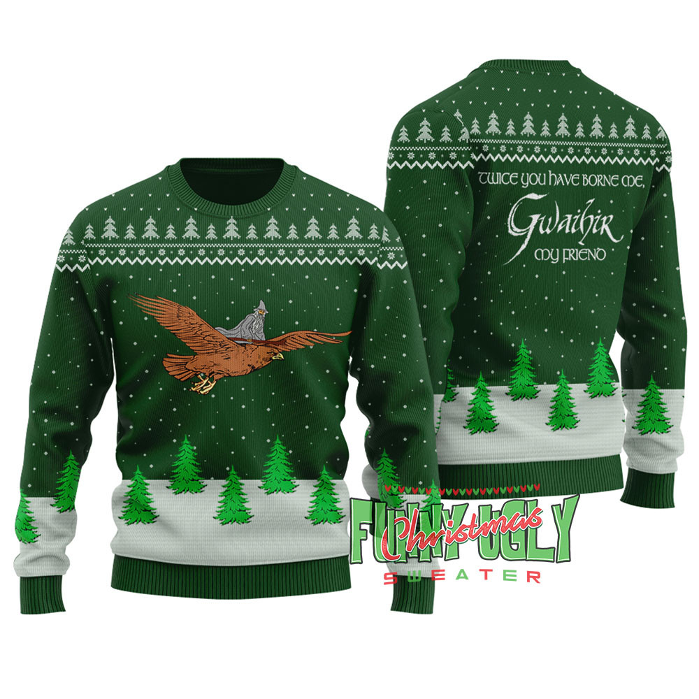 Funny Gandalf On Eagle Lotr Ugly Christmas Sweater Forest Green Holiday Merch That Makes a Perfect Christmas Gift
