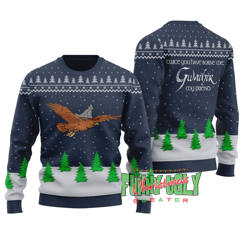 Funny Gandalf On Eagle Lotr Ugly Christmas Sweater Navy Warm Winter Sweater to Brighten Your Holidays