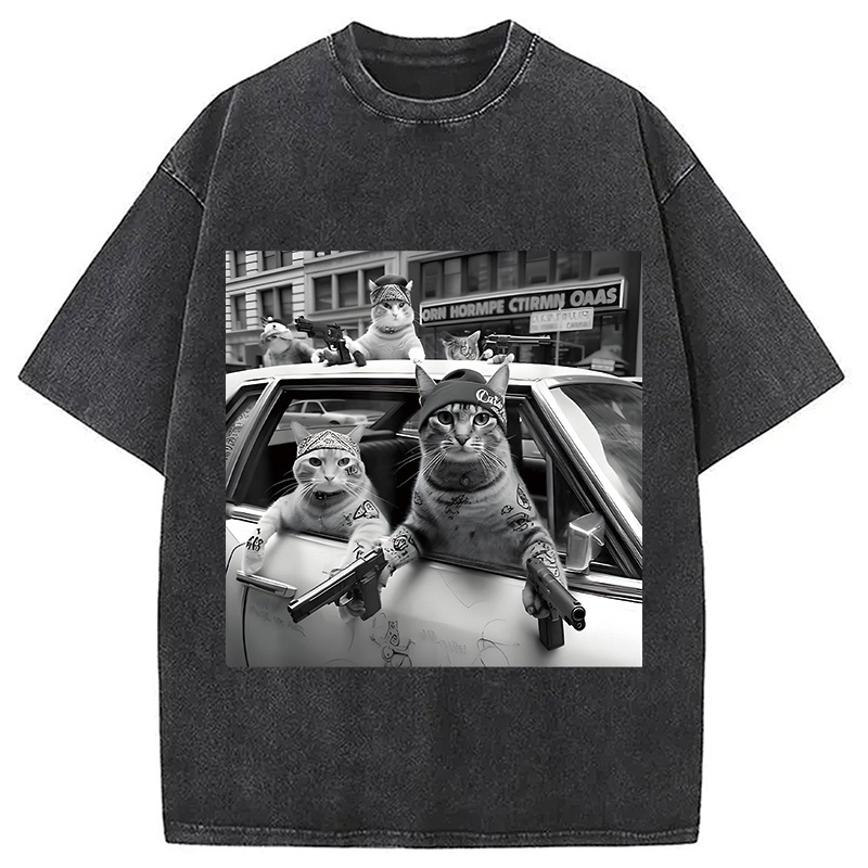 Funny Gangster Cats Washed T-Shirt Retro Streetwear Graphic Top Gifts For BFF