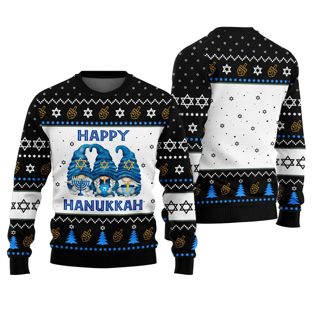 Funny Gnome Ugly Hanukkah Sweater Black Funny Holiday Sweater for Family Gatherings