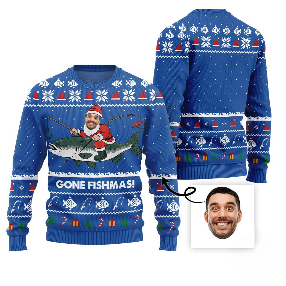 Funny Gone Fishmas Custom Face Ugly Xmas Sweater Christmas Gifts For Dad