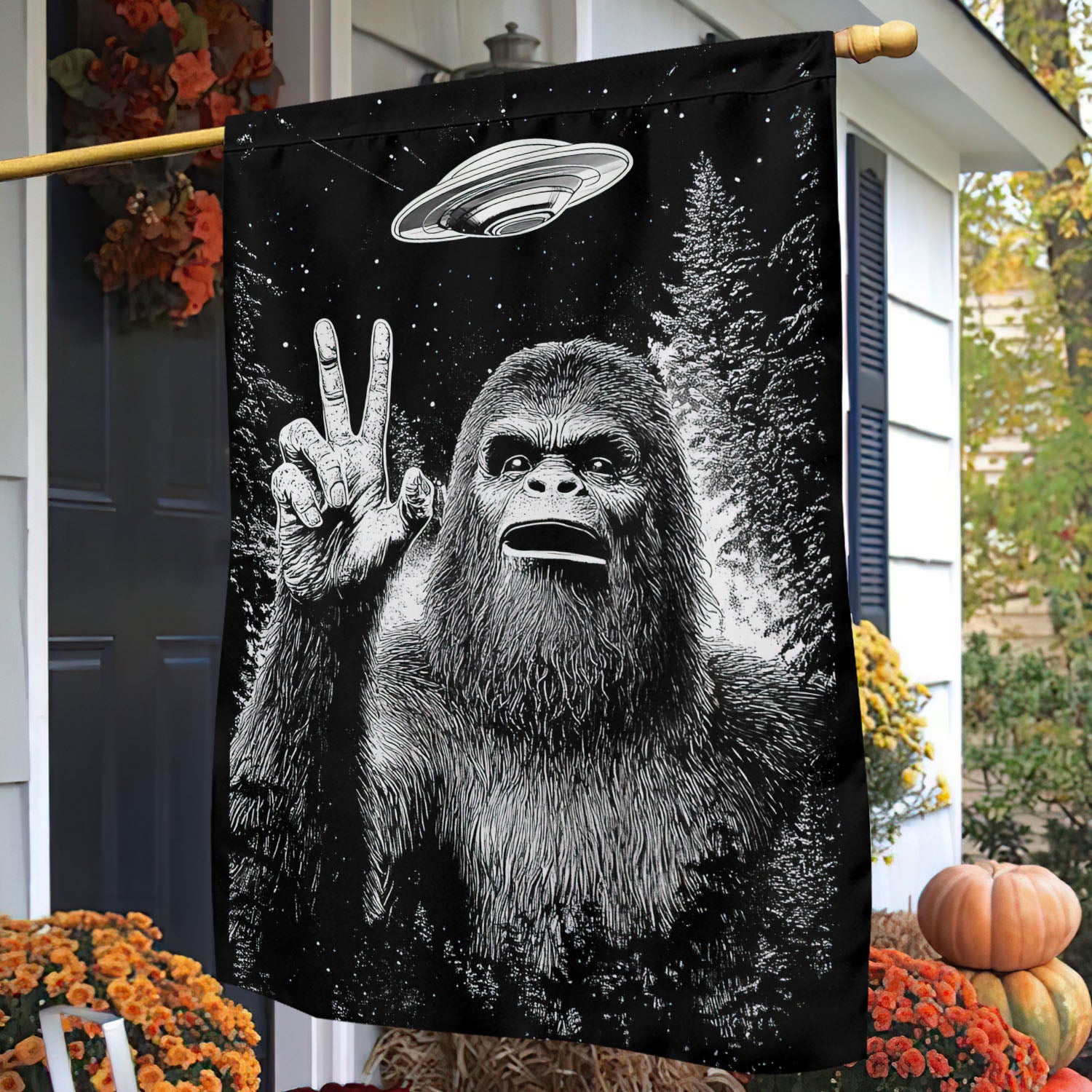 Funny Halloween Bigfoot Ufo Garden Flag Bigfoot Peace Sign Spooky Season Gift For Bigfoot Lovers