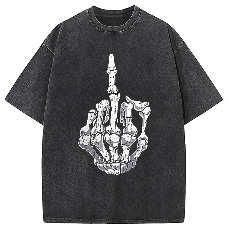 Funny Halloween Middle Finger Skeleton Hand Washed T-Shirt Trendy Everyday Casual Outfit Gifts For BFF