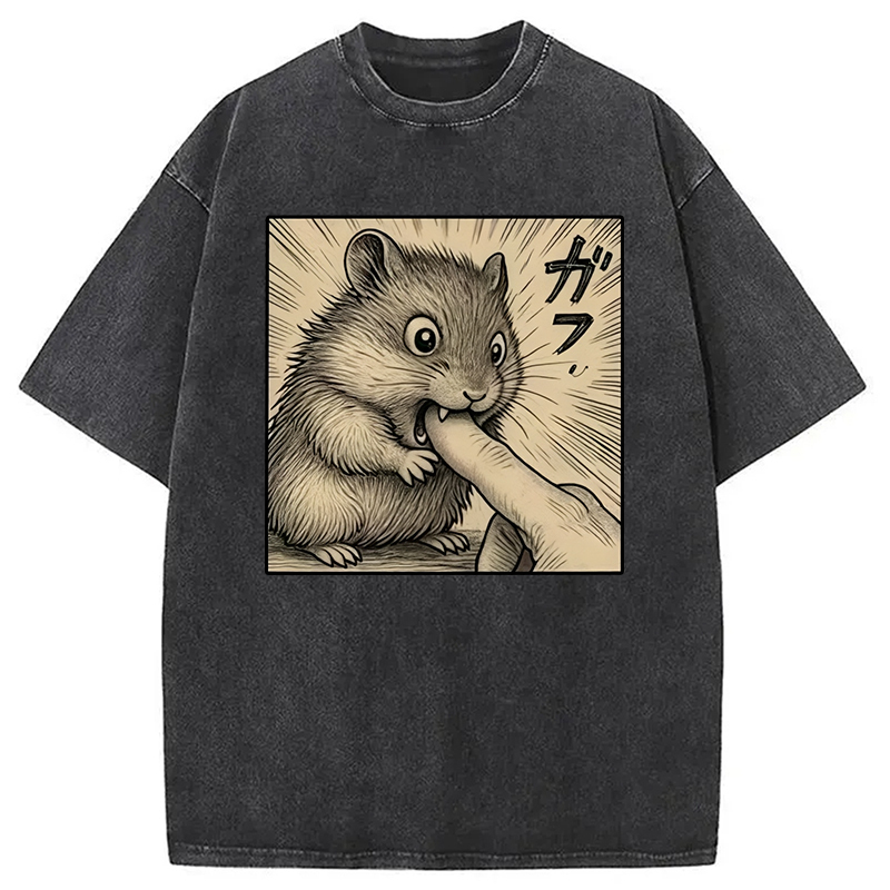 Funny Hamster Bite Washed T-Shirt Funny Graphic Gift For Friends Gifts For Him
