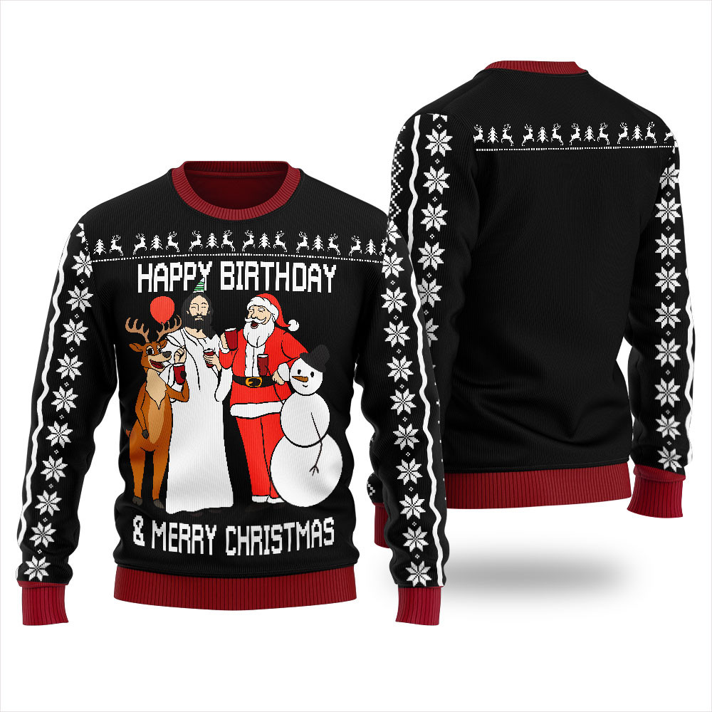Funny Happy Birthday Jesus Christmas Sweater Men Black Soft Cotton Sweatshirt for Winter Comfort
