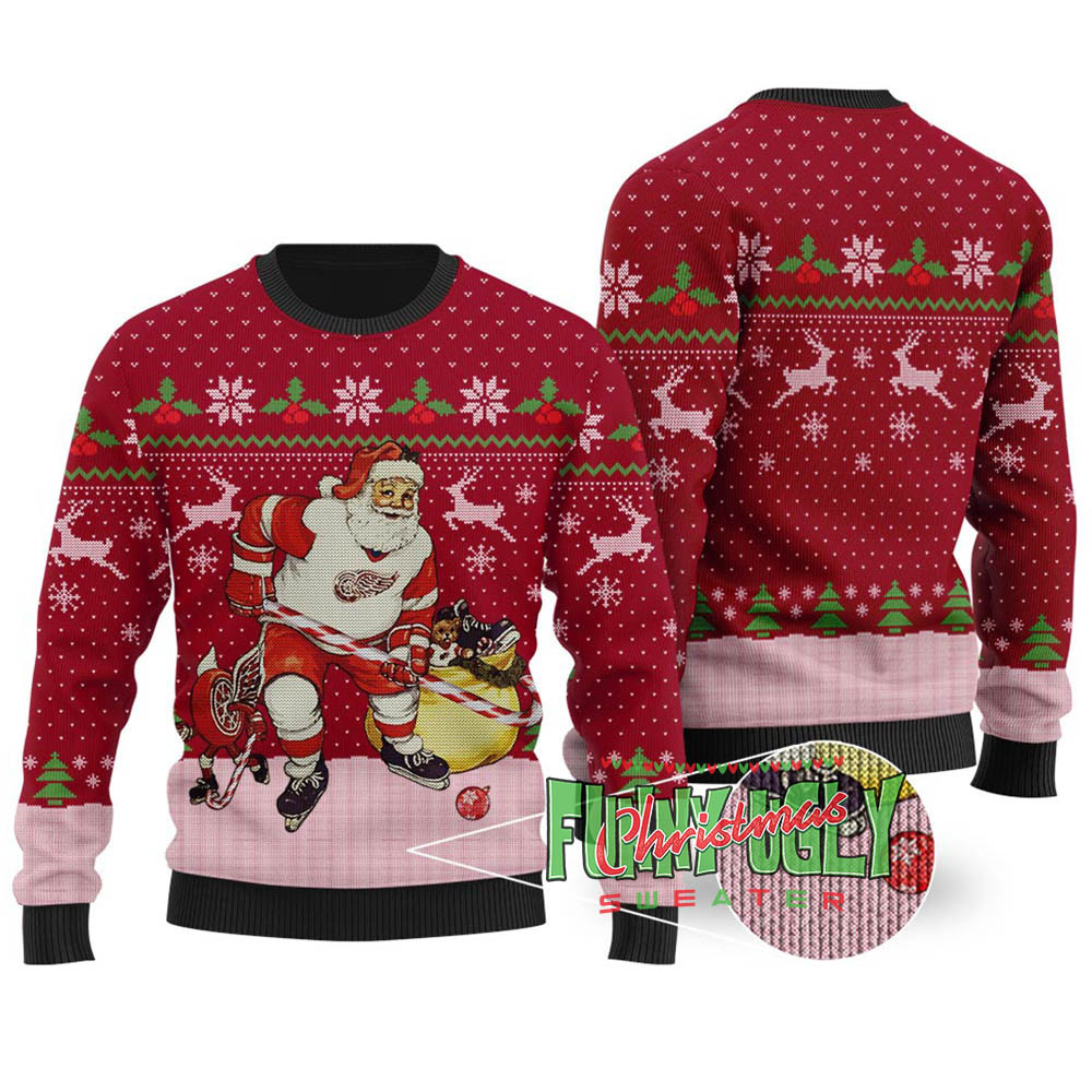 Funny Hockey Santa Ugly Christmas Sweater Cardinal Red Heartwarming Christmas Gift Sweater for Him or Her