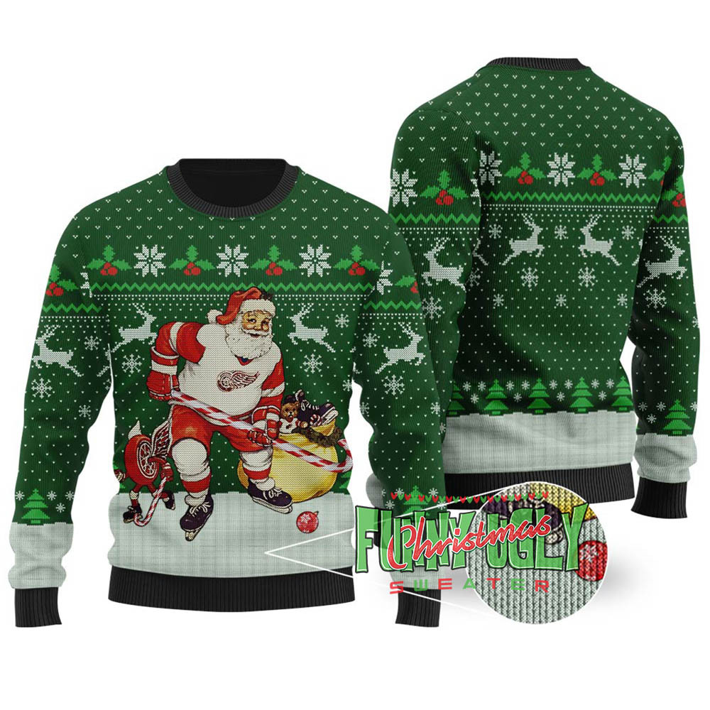 Funny Hockey Santa Ugly Christmas Sweater Forest Green Holiday Merch That Makes a Perfect Christmas Gift