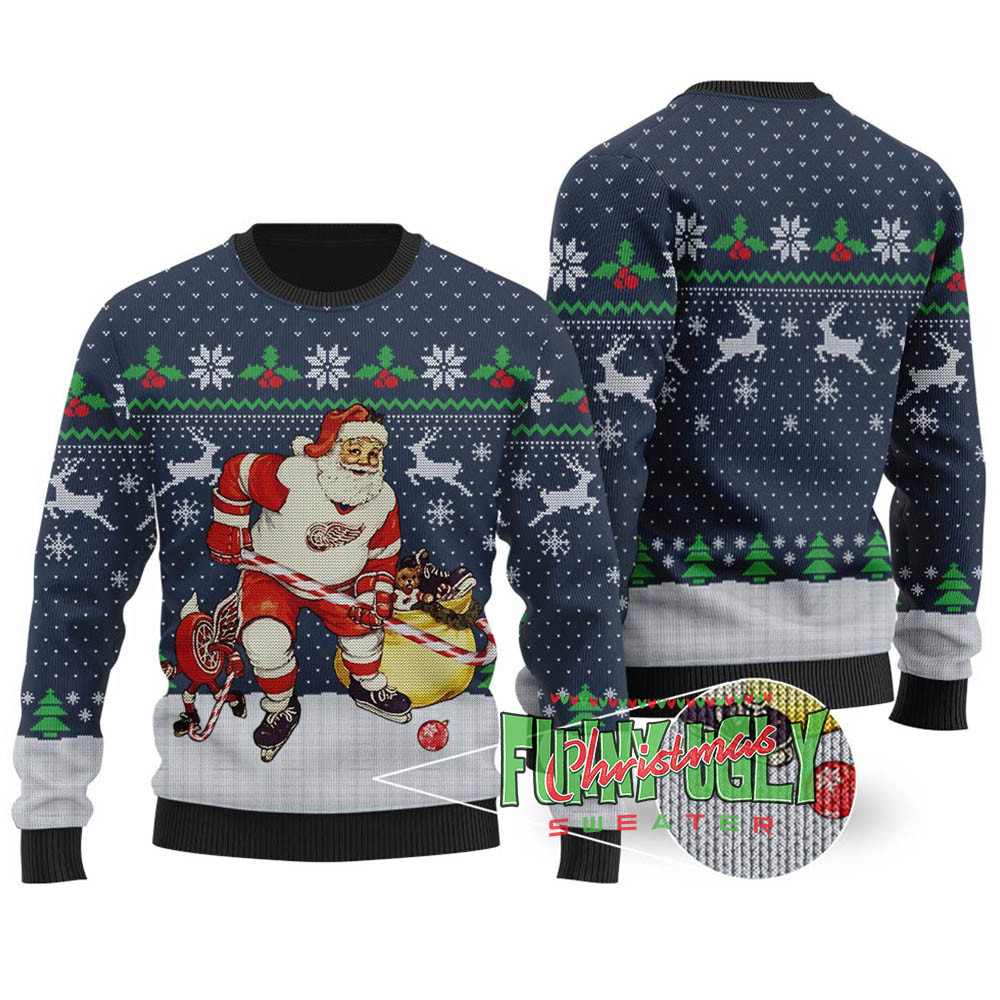 Funny Hockey Santa Ugly Christmas Sweater Navy Trending Christmas Merch Gift 2025 Collection
