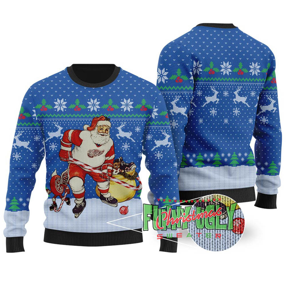 Funny Hockey Santa Ugly Christmas Sweater Royal Perfect Holiday Gift Merch for Sweater Lovers