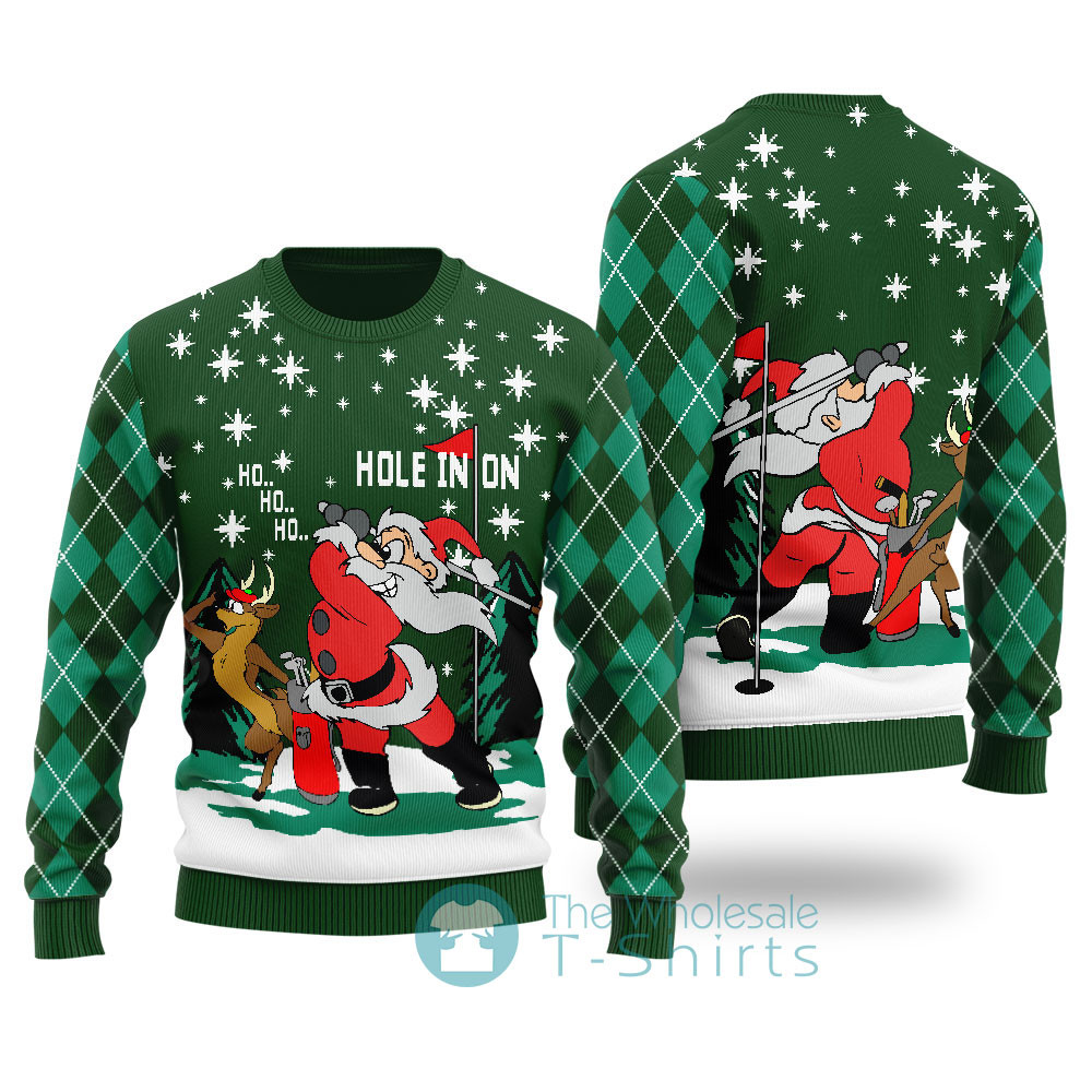 Funny Hole In On Santa Reindeer Christmas Sweater Forest Green Warm Winter Sweater to Brighten Your Holidays