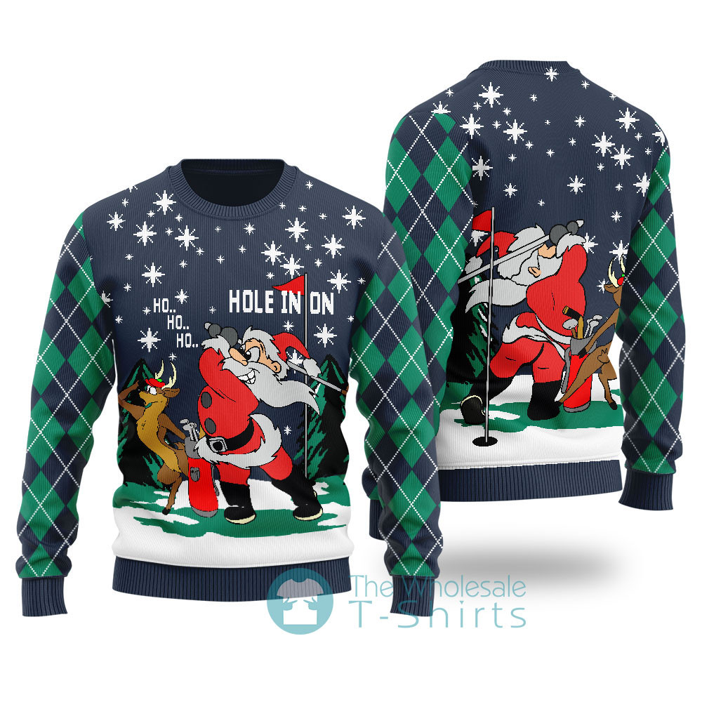 Funny Hole In On Santa Reindeer Christmas Sweater Navy Perfect Holiday Gift Merch for Sweater Lovers