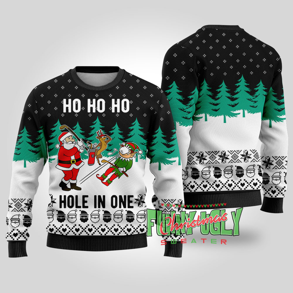Funny Hole In One Santa Golf Christmas Sweater Black Exclusive Christmas Sweater Merch Gift Edition