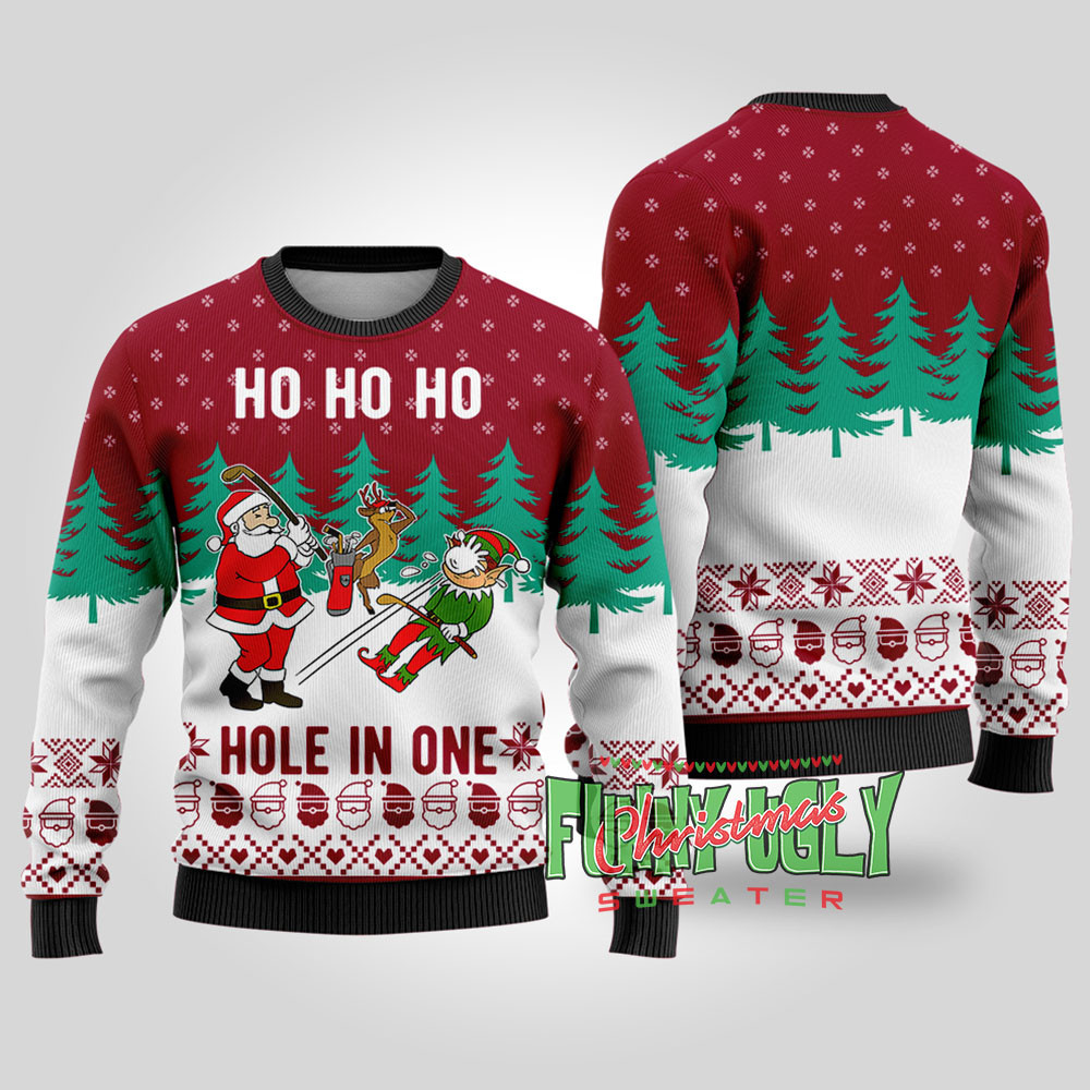 Funny Hole In One Santa Golf Christmas Sweater Cardinal Red Stylish Winter Sweatshirt for Everyday Wear