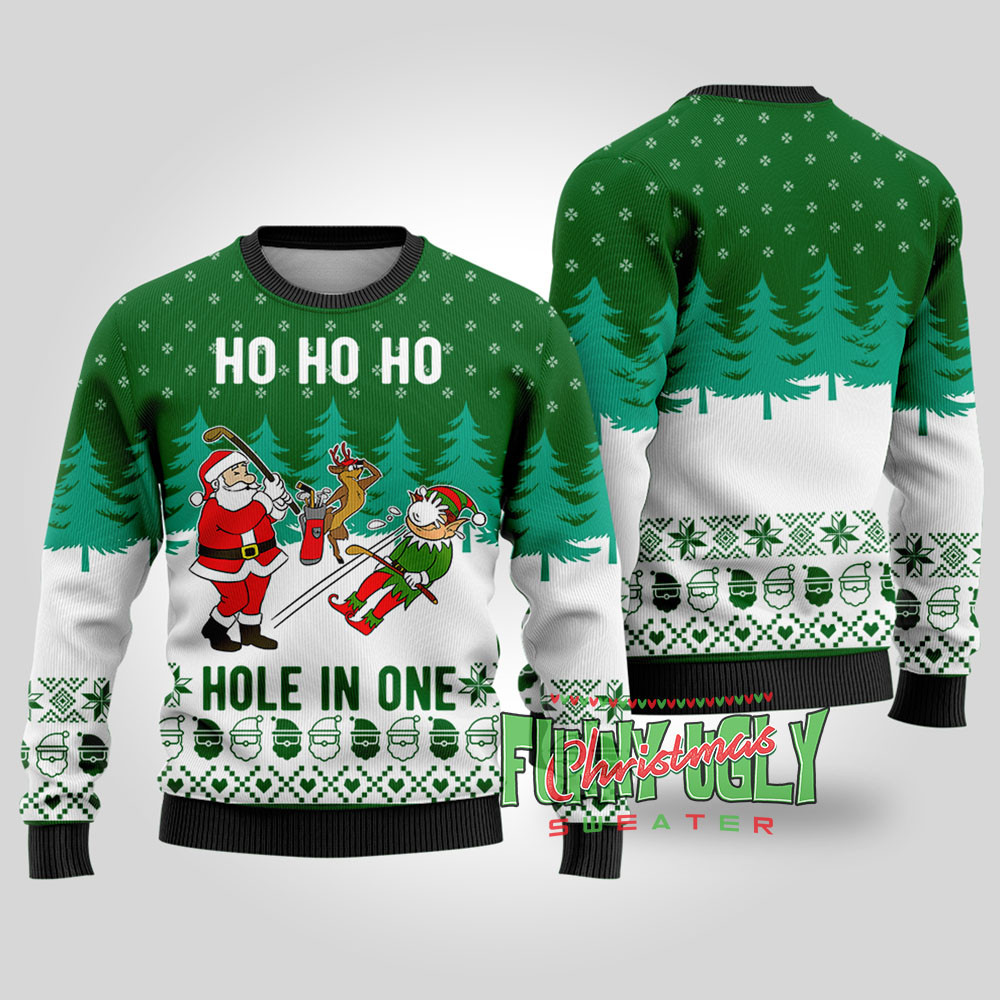 Funny Hole In One Santa Golf Christmas Sweater Forest Green Stylish Winter Sweatshirt for Everyday Wear
