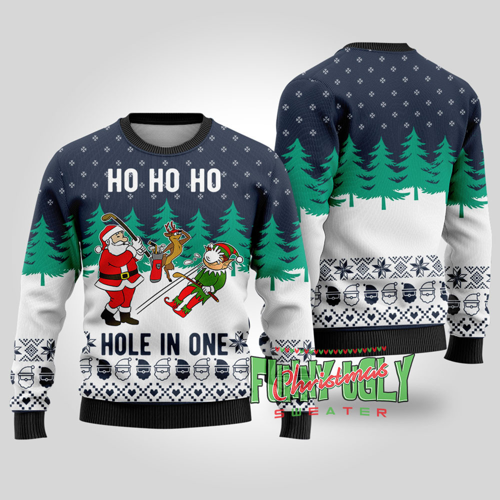 Funny Hole In One Santa Golf Christmas Sweater Navy Funny Xmas Sweater for Ugly Sweater Parties