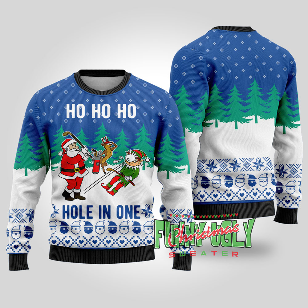Funny Hole In One Santa Golf Christmas Sweater Royal Funny Xmas Sweater for Ugly Sweater Parties