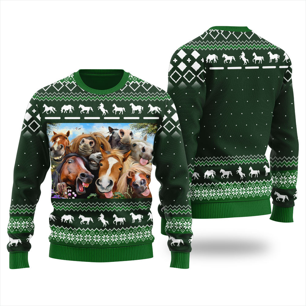 Funny Horse Ugly Christmas Sweater Green Stylish Winter Sweatshirt for Everyday Wear