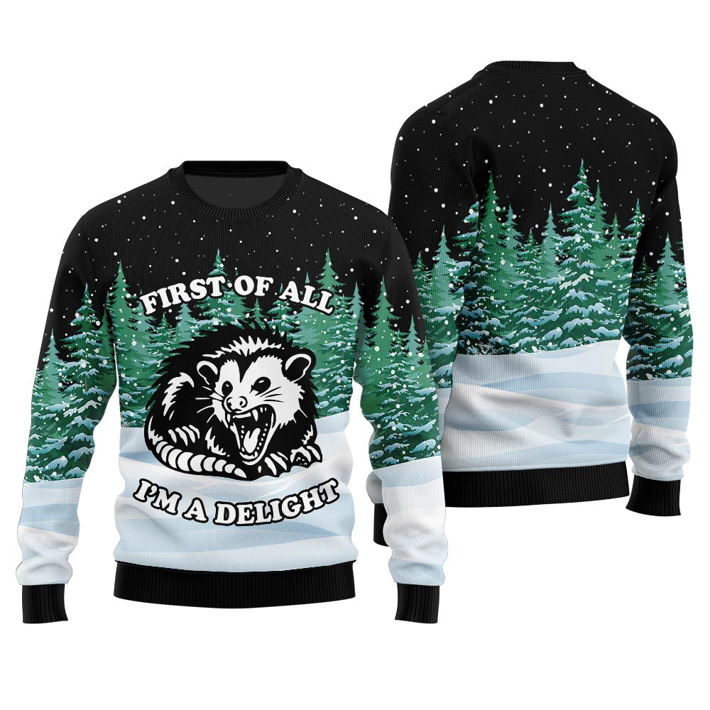 Funny I Am A Delight Possum Ugly Sweater Black Cozy Christmas Sweater for Holiday Season
