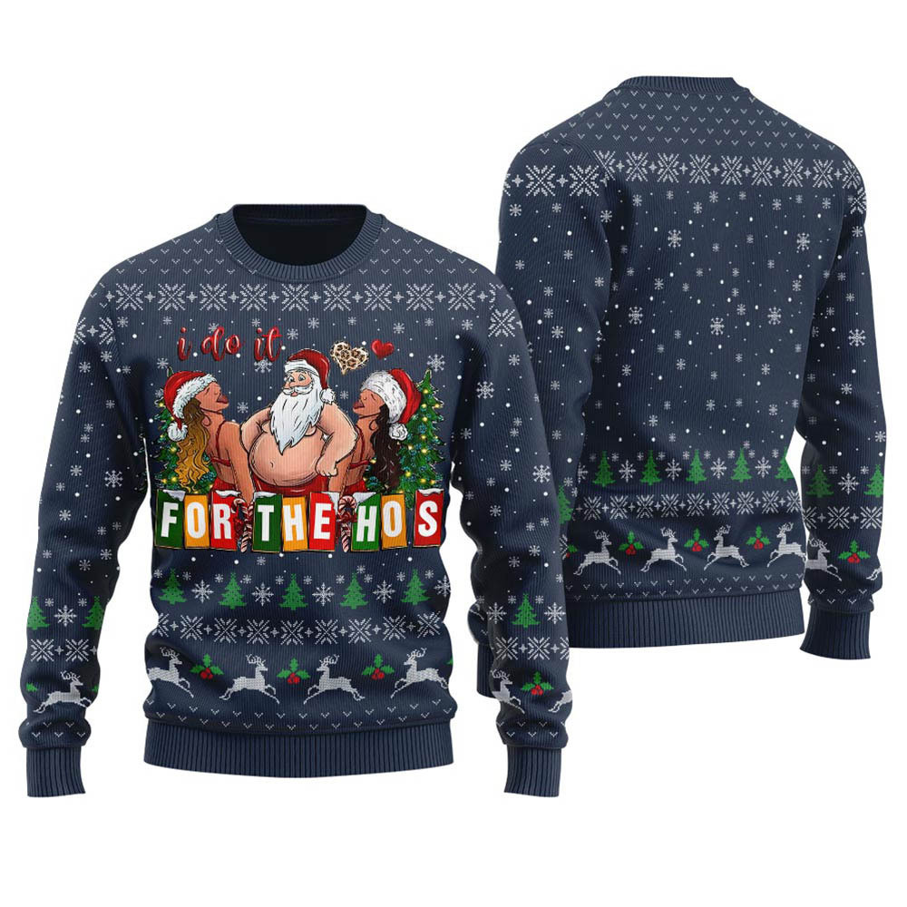 Funny I Do It For The Hos Santa Womens Ugly Sweater Navy Stylish Winter Sweatshirt for Everyday Wear