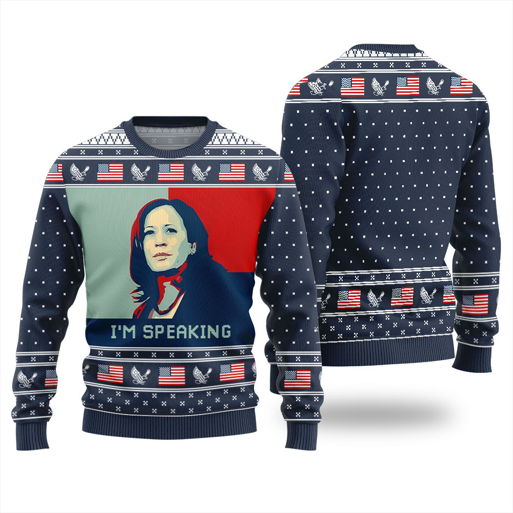 Funny Im Speaking Kamala Harris Ugly Sweater Navy Heartwarming Christmas Gift Sweater for Him or Her