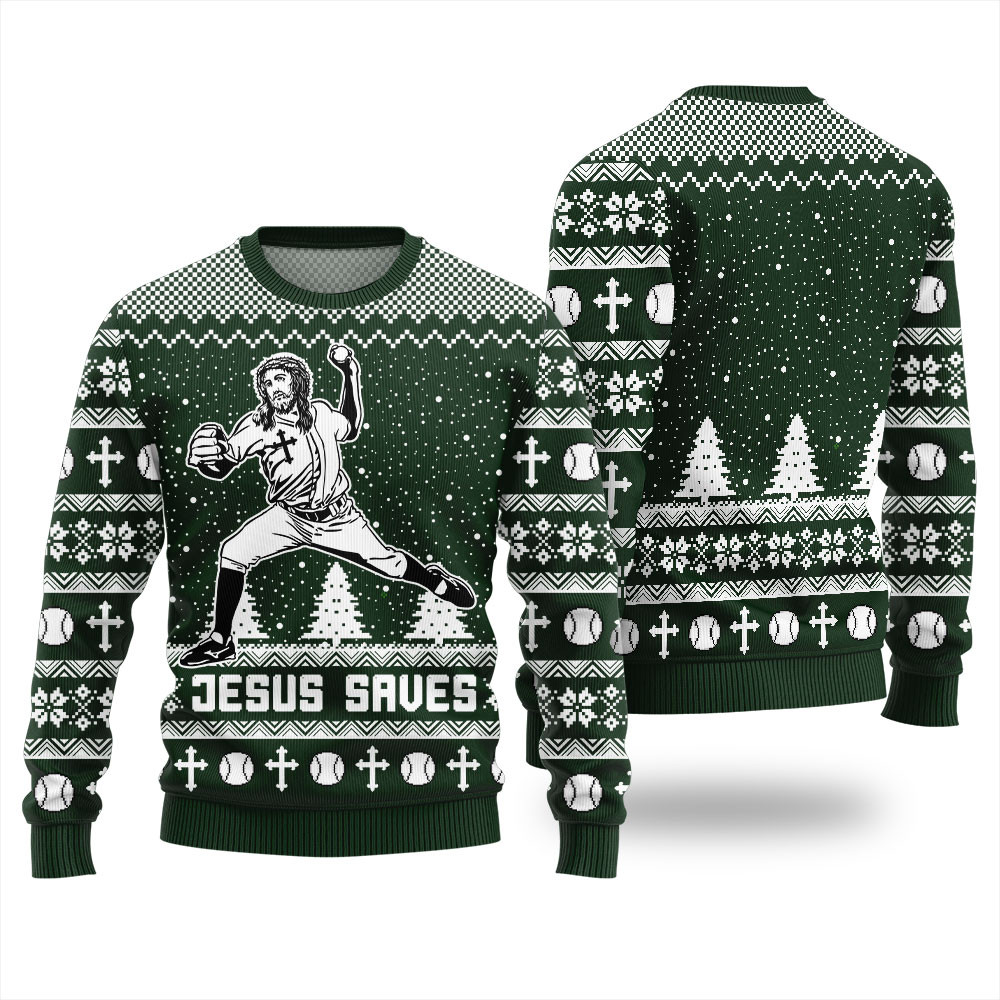 Funny Jesus Saves Baseball Mens Ugly Christmas Sweater Seasonal Gift Merch for Cozy Christmas Vibes