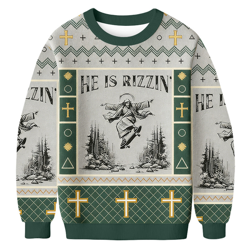 Funny Jesus Skateboard Ugly Sweater He Is Rizzin Winter Apparel Christian Christmas Gifts