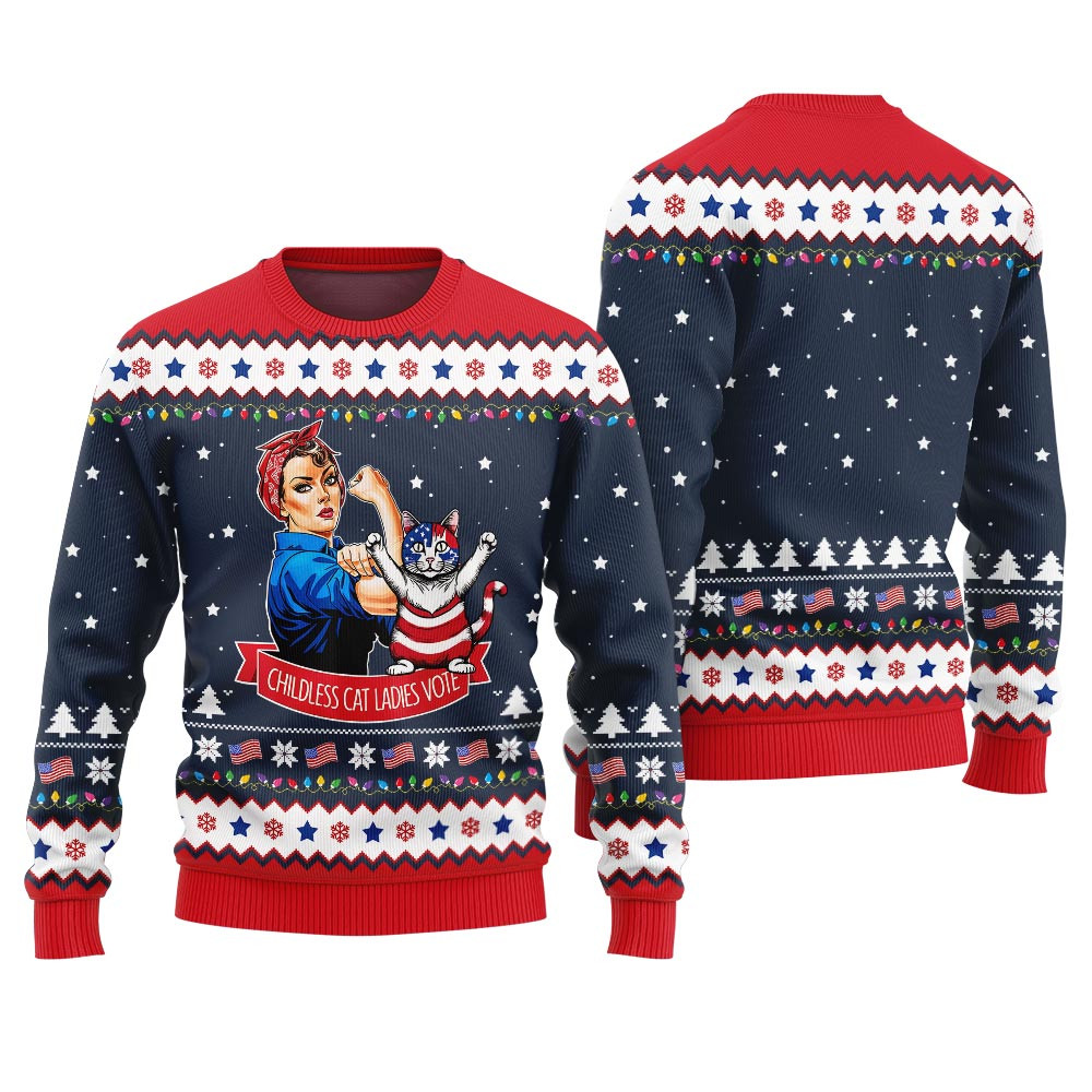Funny Kamala Harris Childless Cat Ladies Sweaters Navy Comfortable Holiday Sweater for Chilly Nights