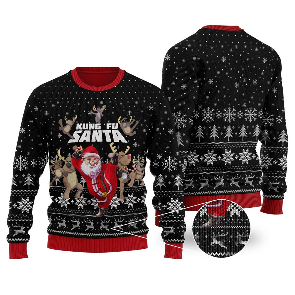 Funny Kungfu Santa Black Ugly Christmas Sweater Lovely Christmas Sweater Gift for Mom or Grandma