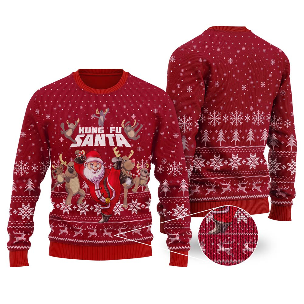 Funny Kungfu Santa Cardinal Red Ugly Christmas Sweater Unique Holiday Sweater Gift Idea for Loved Ones
