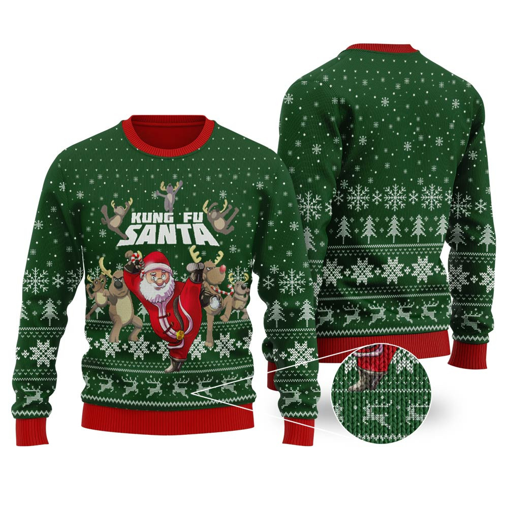 Funny Kungfu Santa Forest Green Ugly Christmas Sweater Classic Holiday Sweater for Festive Looks