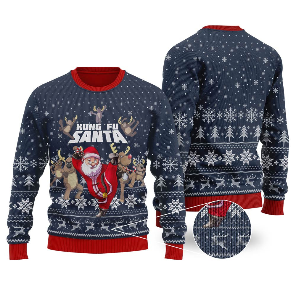 Funny Kungfu Santa Navy Ugly Christmas Sweater Trendy Winter Sweatshirt for Cozy Moments