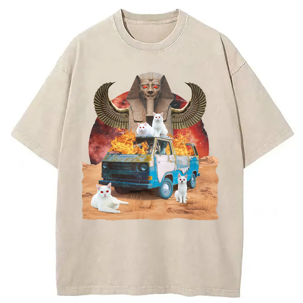 Funny Laser Cat Meme Washed T-Shirt Casual Oversized Outfit Style Gifts For Him