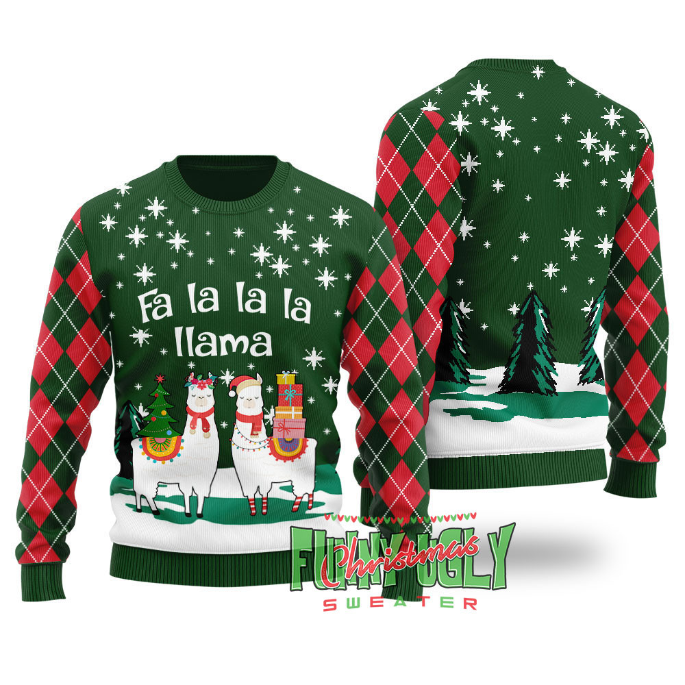 Funny Llama Ugly Christmas Sweater Forest Green Seasonal Gift Merch for Cozy Christmas Vibes